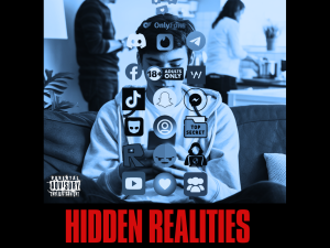 A Film Billboard Poster created as warning to Parents about Hidden Realities. The central picture shows A Teenager sitting alone in the home using a smartphone, while parents are unaware in the same room. Highlights dangers of unsupervised internet use at home., with no understanding of parents as to the harmful apps and content available to children on their devices