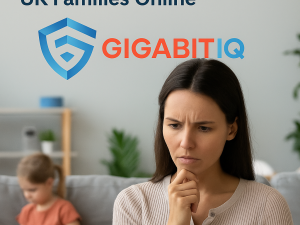 Promotional image showing a concerned mother analysing a laptop for potential phishing threats, with the Gigabit IQ logo and title text above; her daughter uses a tablet in the background, highlighting the need for home cybersecurity.