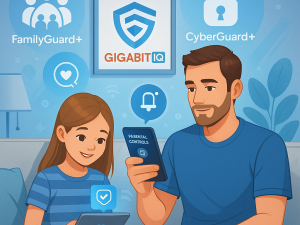 A digital illustration shows a father and his daughter in a cosy, blue-toned living room. The father is holding a smartphone displaying parental controls from Gigabit IQ, while the daughter is using a tablet with a cheerful expression. Floating icons around them represent FamilyGuard+ and CyberGuard+ features, such as content filtering and online safety. A framed Gigabit IQ logo is displayed prominently on the wall behind them.