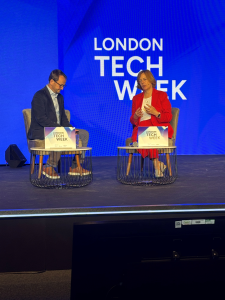 Dame Melanie Dawes, CEO of Ofcom, speaking about the Online Safety Act during a fireside chat at London Tech Week 2025.