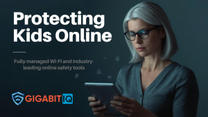 Parent using a tablet with digital seatbelts for children enabled, illustrating how to protect children from harmful online content at home with safer broadband and online safety tools from Gigabit IQ