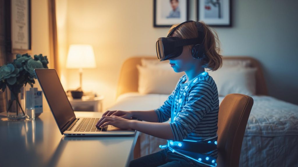 child-at-home-with-digital-seatbelts-using-laptop-in-bedroom-protected-online