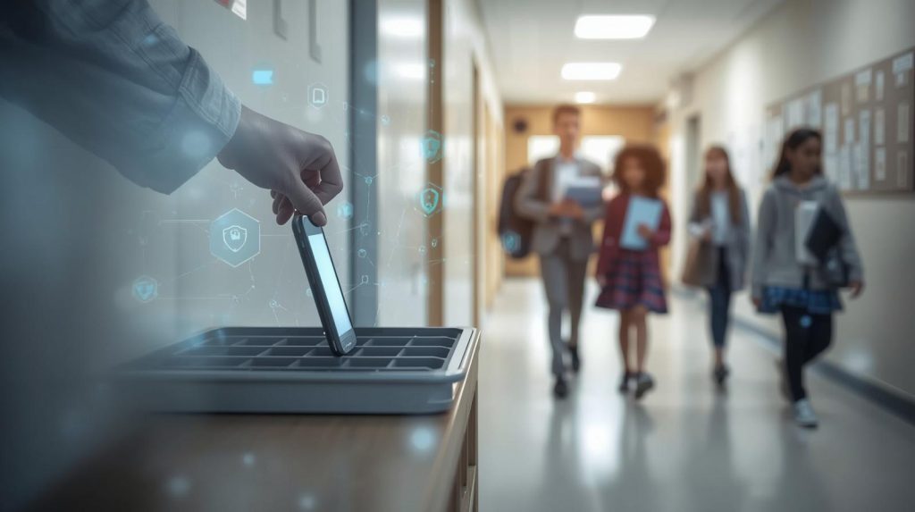 Student placing a smartphone into a school reception phone drop-off tray, symbolising the debate about whether smartphones are really the problem in schools.