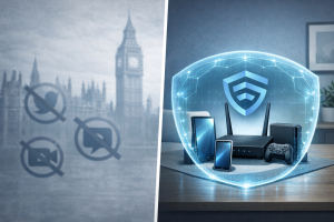 Conceptual illustration contrasting government-led social media controls with network-level online safety, featuring the UK Houses of Parliament and a Gigabit IQ-protected home Wi-Fi environment.