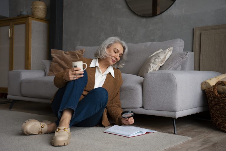 Older woman reading with a magnifying glass, representing telecare support during the UK digital landline switchover